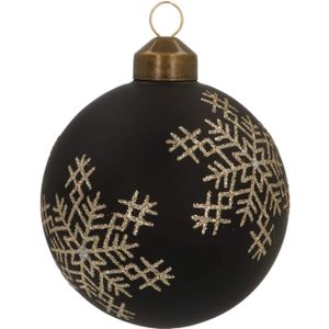Bijzondere glazen kerstbal zwart met sneeuwvlokken 8cm