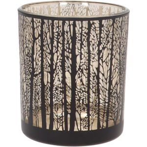 Waxinelichthouder met silhouet van bos | Glas | Zwart-goud | 10cm