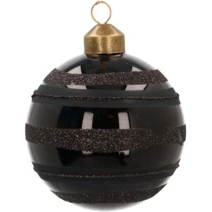 Glazen kerstbal | Zwart met lijnen en glitter | 8 cm