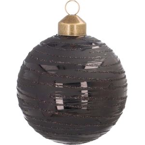 Bijzondere glazen kerstbal zwart met glitter lijnen 8cm