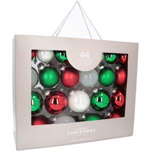 Glazen kerstballen 44st | Rood-groen-wit | 5-8cm | In koffer