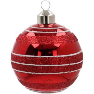 Glazen kerstbal | Kerstrood met lijnen en glitter | 8 cm