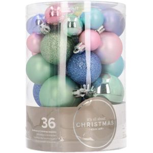 36 mini kunststof kerstballen pastelmix in koker 2,5-5cm