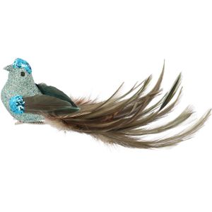 Luxe vogel op clip | Blauw | Echte veren | 18cm