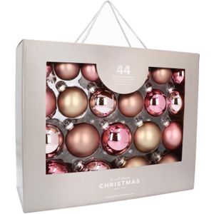 Glazen kerstballen 44 st | Oudroze | 5-8 cm | In koffer
