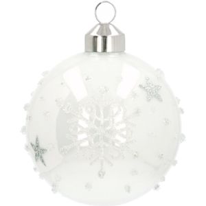 Bijzondere glazen kerstbal wit met vlokken en sterren 8 cm