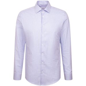 Seidensticker - Flanellen Overhemd - Blauw - Shaped 1/1 Kentkraag Ruit