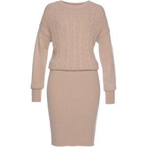 Lascana - Gebreide Jurk - Beige - Kabelpatroon - Lange Mouwen