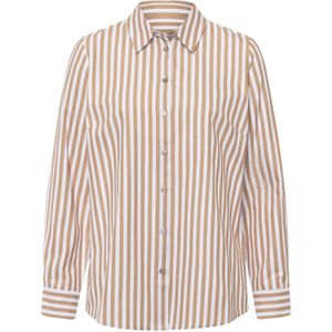 Camel/Wit Gestreepte Blouse - 100% Katoen - Knoopsluiting - Lange Mouwen