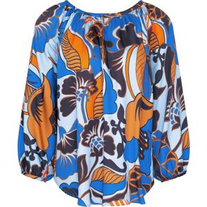 Tuniek - Lichtblauw - 100% Viscose - Bloemmotief - Ronde Hals - 3/4-Mouwen - Oversized