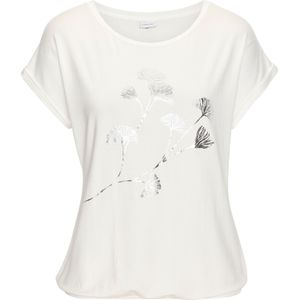 Lascana - Shirt - Crème - Korte Mouwen - Glinsterende Bloemenprint - Elastische Viscosekwaliteit