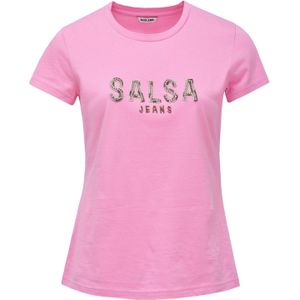 Salsa Jeans - Slim Fit T-shirt - Roze - Kraal en Strass Branding