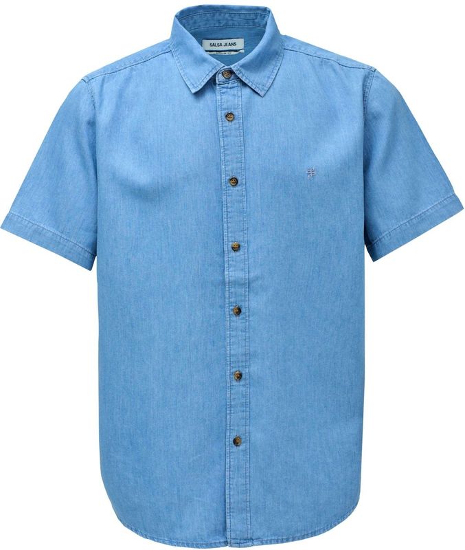 Salsa - Denim Overhemd - Blauw - Katoen/Lyocell - Korte Mouwen - Knoopsluiting