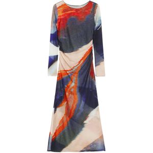 Lange Jurk - Multicolor - Getailleerde Snit - Lange Mouwen - Abstracte Print