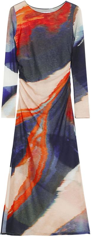 Lange Jurk - Multicolor - Getailleerde Snit - Lange Mouwen - Abstracte Print