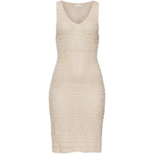 Zand - Tricot Jurk - Aansluitend - V-hals - Mouwloos - Met Ajourpatroon