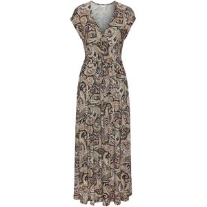 Zwart/Oranje Gedessineerde Jurk - Viscose - Diepe V-hals - Korte Mouwen