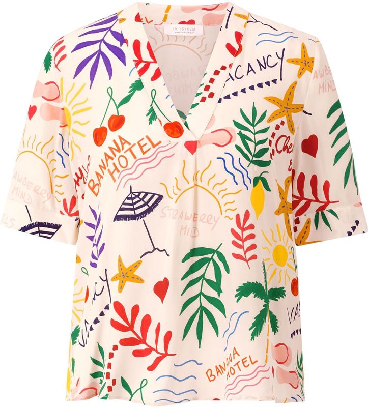 Rich & Royal - Blouseshirt - Grasgroen/Aubergine/Oranjerood/Offwhite - Losse Pasvorm