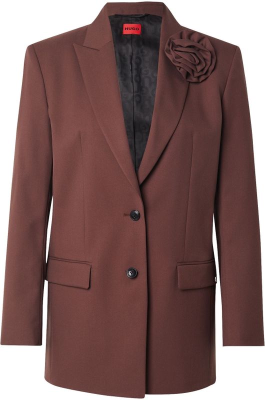 HUGO - AROSEA - Lange Blazer - Effen - Relaxed Fit - Bloemenbroche