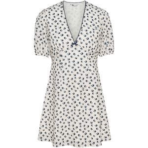 TOMMY JEANS - TJW SS CREPE MINI DRESS - Mini-jurk - Wit - Met Strikdetail en Vogelpatroon