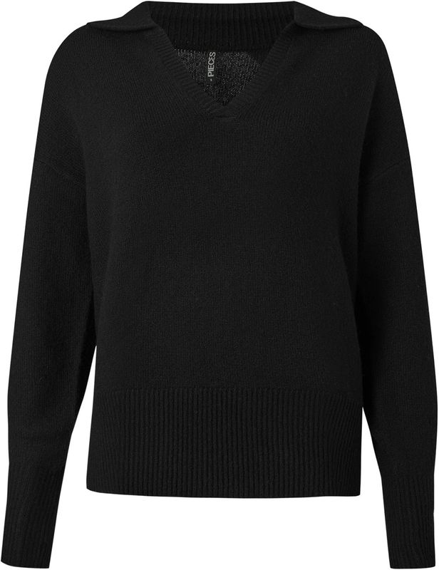 pieces - PCMALOU LS POLO KNIT NOOS - Trui - Zwart - V-hals - Lange Mouwen