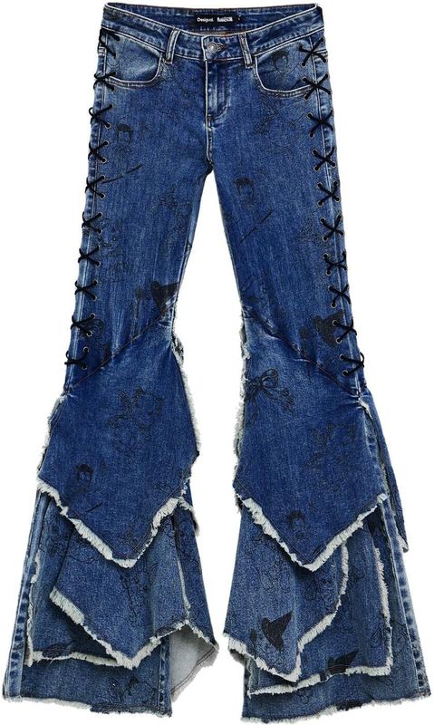 Jeans - Flare - Multicolor - Gerafelde Volantzoom - Gevlochten Koord