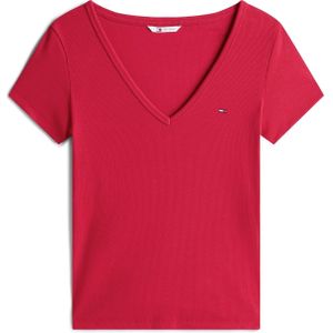 TOMMY JEANS - TJW SLIM ESSENTIAL RIB V SS - Shirt - Ruby Rabarber - Korte Mouwen