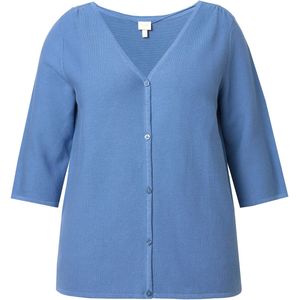 Ulla Popken - Gebreid Vest - Blauw Denim - V-hals - Driekwart Mouw