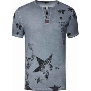 Rusty Neal - T-shirt - Ronde Hals - Henley-stijl - Met Opdrukken en Knoopsluiting