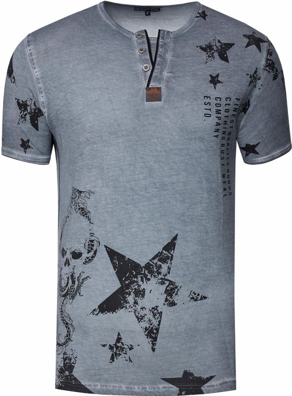 Rusty Neal - T-shirt - Ronde Hals - Henley-stijl - Met Opdrukken en Knoopsluiting