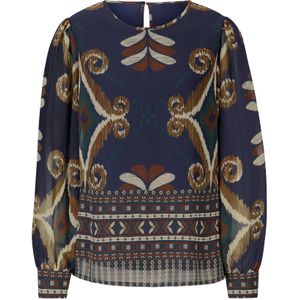 Marine/Cognac Gedessineerde Blouse - 100% Polyester - Lange Mouwen