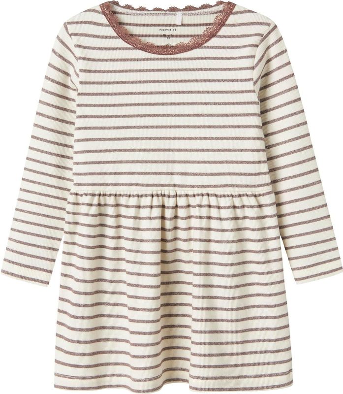 Jurk - Gestreept - Lange Mouwen - O-hals - Regular Fit - Kantdetail - Glitter Detail