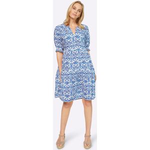 Ecru-Royalblauw Gedessineerde Cocktailjurk - 100% Viscose - Korte Mouwen