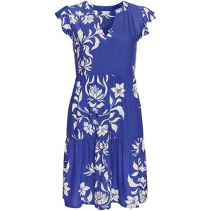 LASCANA - Zomerjurk - Crème / Blauw - V-hals - Bloemenprint - Knielengte