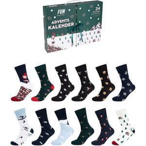 FUN Socks - Adventskalender - Sokken - Donkerblauw - Donkergroen - Rood - Wit - 12er Pack