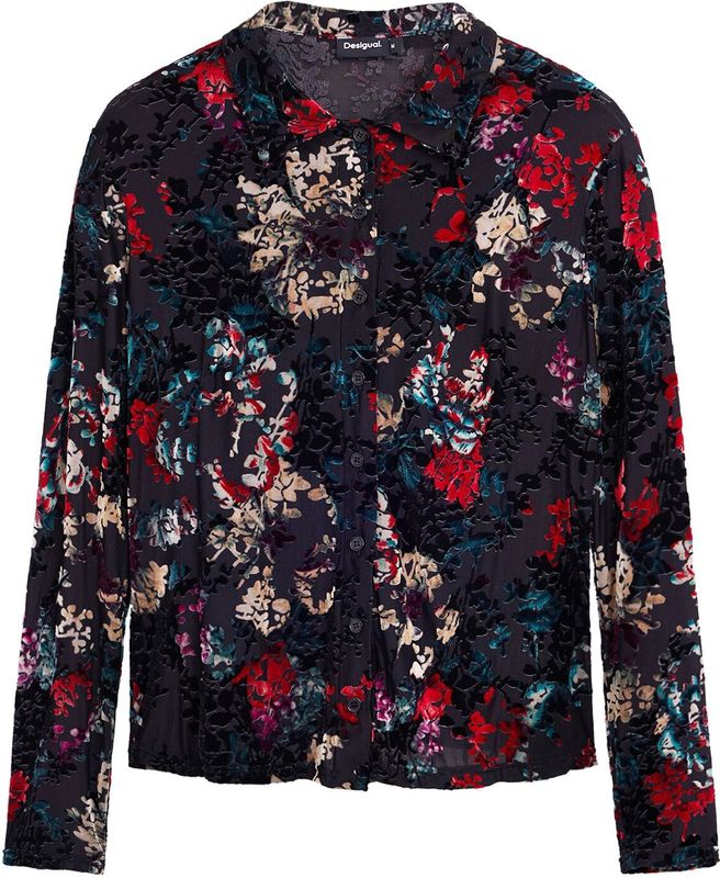 T-shirt - Bloemenprint - Tule Stof - Langere Mouwen - Knoopsluiting