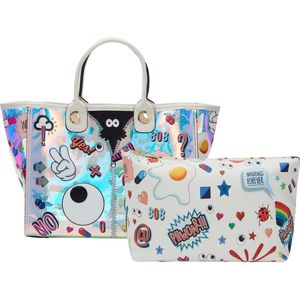 MYMO Shopper 'Pop Eyetheme'  goudgeel / lila / zwart / wit