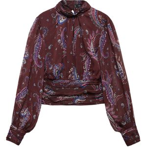 Mango Semi-transparante Blousetop met Paisleyprint en Plooien Aubergine