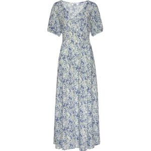 Zomerjurk - Blauw Gedessineerd - Met Bloemenprint - V-hals - Korte Pofmouwen