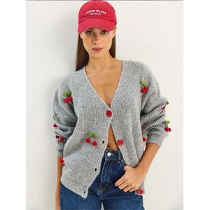 Bianco Lucci Gebreid vest  grijs gemêleerd / olijfgroen / rood