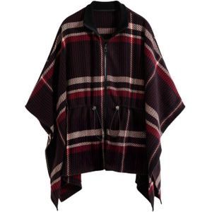 Tartanponcho - Wollen Poncho - Tartan Ruitprint - Verstelbaar Elastiek in de Taille - Ritssluiting