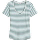 Marc O'Polo - Shirt - Petrol/Wit - Gestreept - V-hals - Kwartmouw