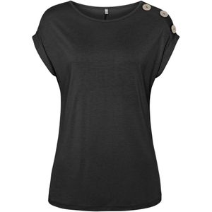 Zwart T-shirt - Jersey - Korte Mouwen - Ronde Hals - Decoratieve Knopen