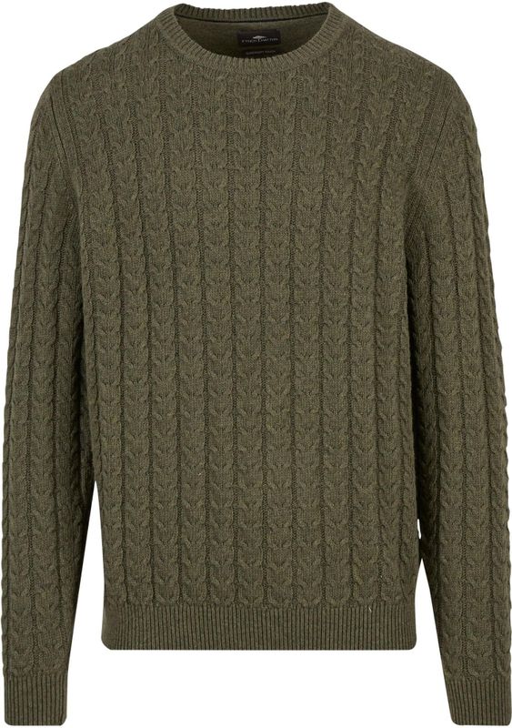 FYNCH-HATTON - Gebreide Trui - Dark Khaki - Met Kabelmotief en Wol