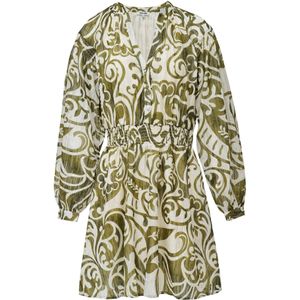 Salsa Jeans - Jurk - Groen/Wit - Knielengte - Lange Mouw - Getailleerd