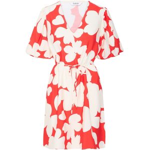 b.young - Ibine - Jurk - Rood/Wit - Viscose - Knielengte - Pofmouwen