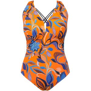 Ulla Popken Badpak  beige / blauw / oranje / zwart