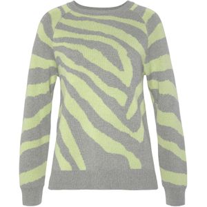 Damespullover - Grijs/Limoen - Dierenprint - Ronde Hals - Lange Mouwen