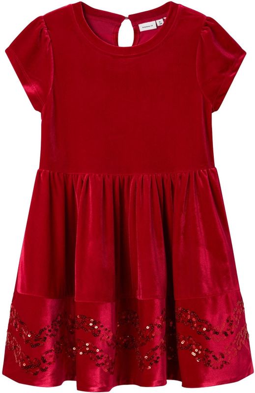 Velours Jurk - Fluweel - Cocktailjurk - Ronde Hals - Pofmouwen - Pailletten