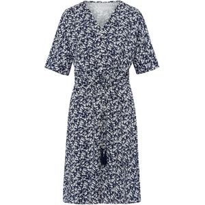 Marine/Ecru Gedessineerde Cocktailjurk - 100% Viscose - Knoopsluiting - V-hals